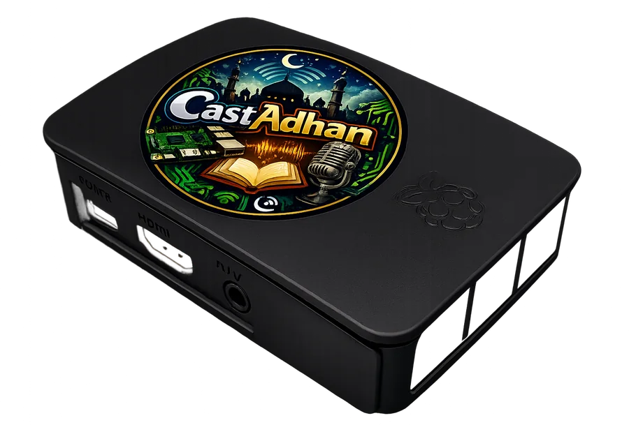 The CastAdhan home unit — a small black device with the CastAdhan logo, HDMI, power and audio ports