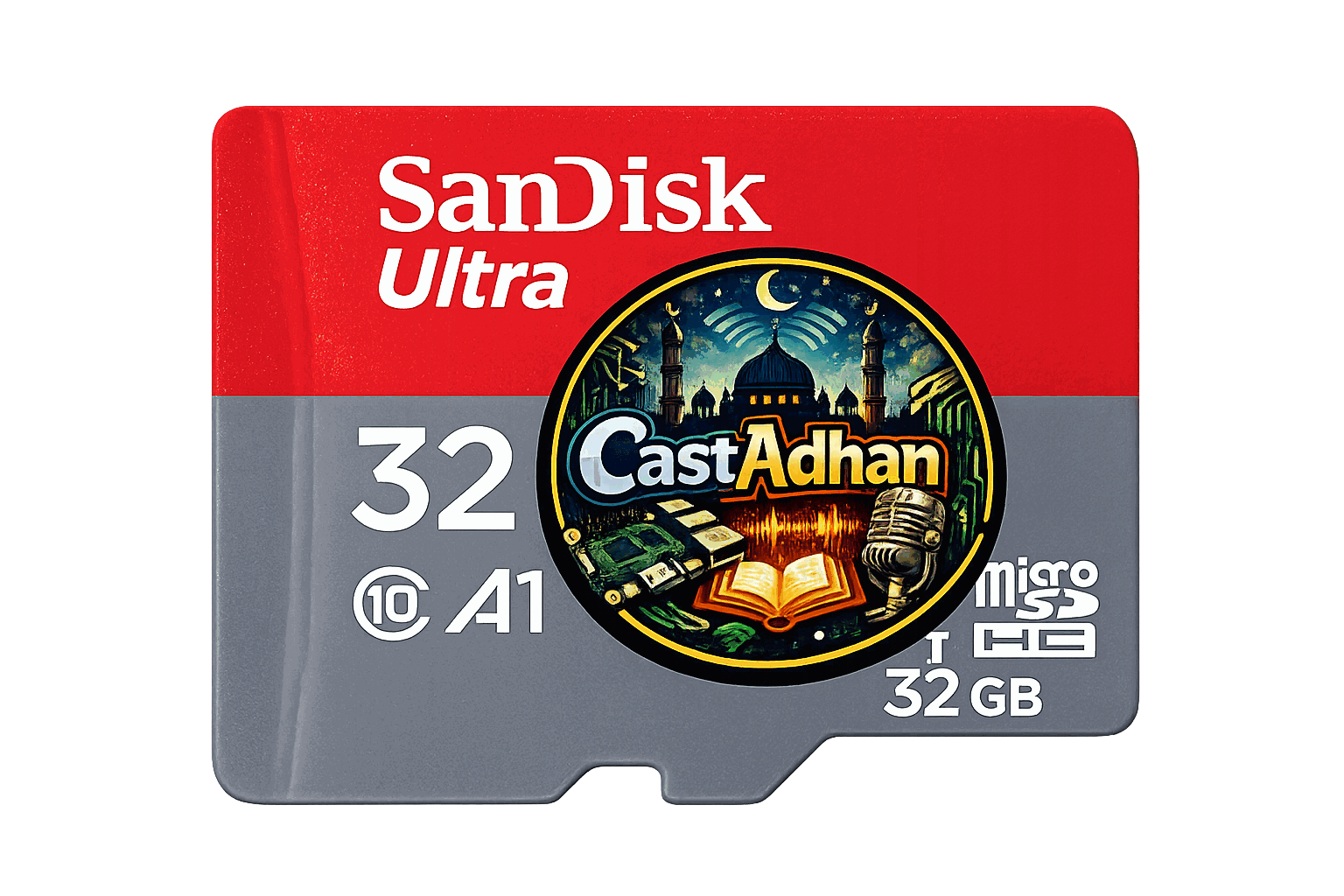 A SanDisk Ultra 32GB microSD card carrying the CastAdhan software, with the CastAdhan logo