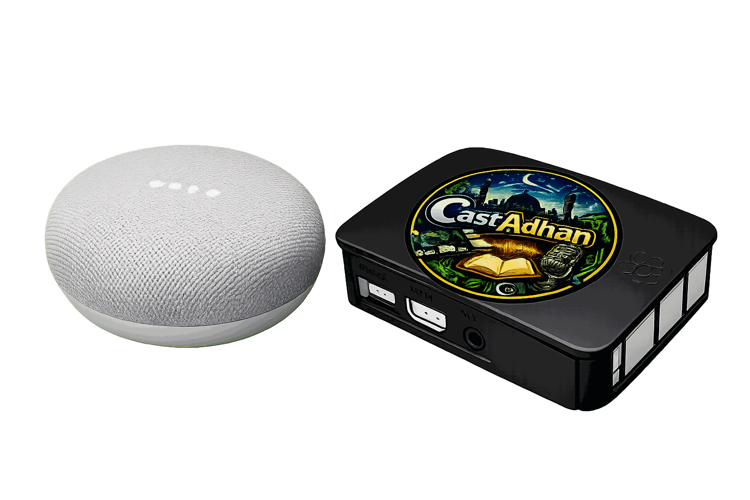 The CastAdhan Ready kit — the CastAdhan unit beside a brand-new Google Nest Mini speaker