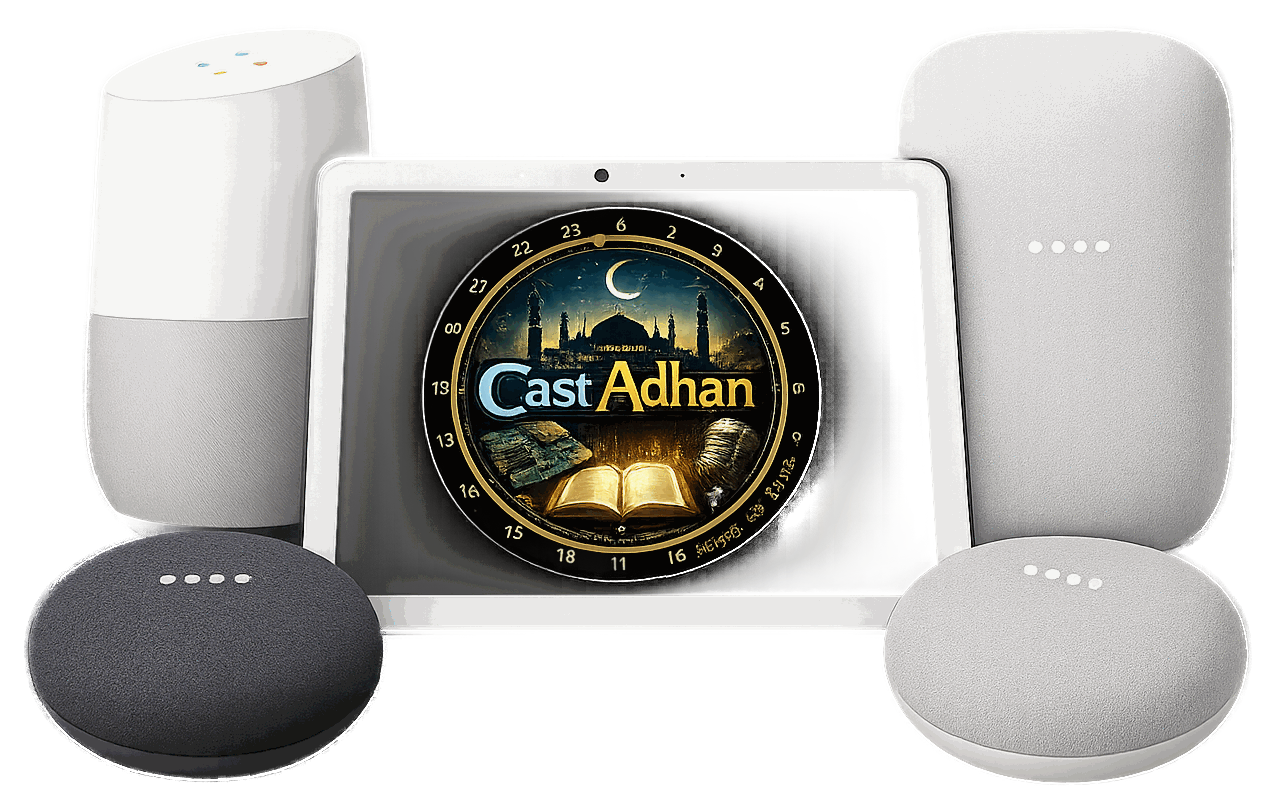 A CastAdhan display surrounded by Google speakers — a Google Home, a Nest Audio, and two Nest Minis